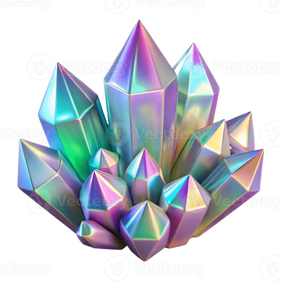 elegant classic A cluster of iridescent crystals, in varying shapes and sizes, with a refractive surface and a sparkling, ethereal lighting, rendered in a 3D style original png