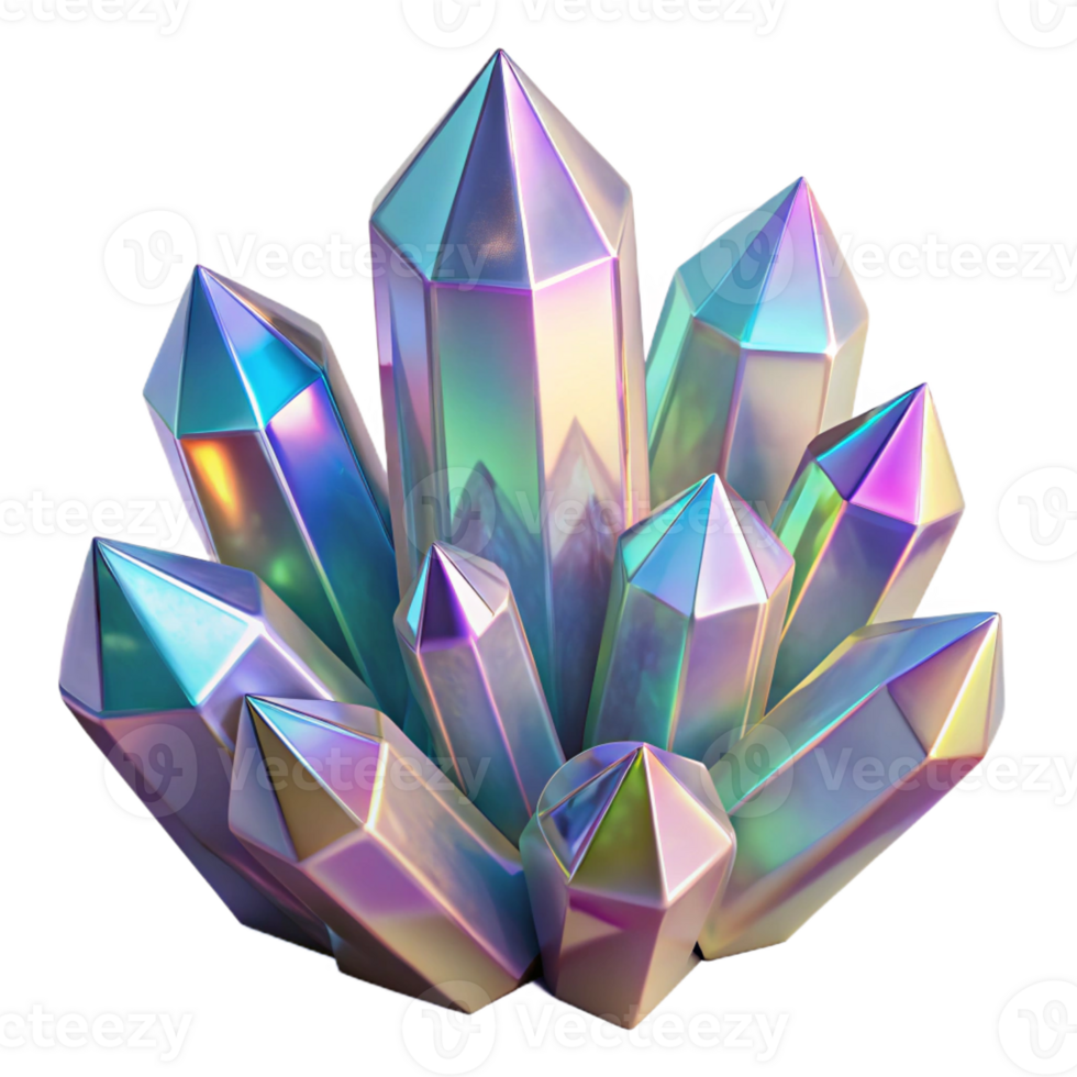 dramatic traditional A cluster of iridescent crystals, in varying shapes and sizes, with a refractive surface and a sparkling, ethereal lighting, rendered in a 3D style high resolution png