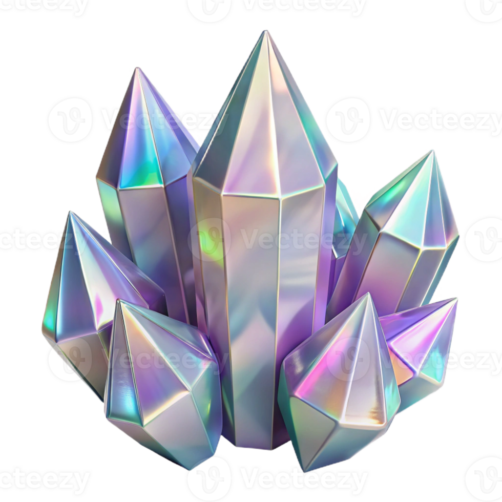 elegant contemporary A cluster of iridescent crystals, in varying shapes and sizes, with a refractive surface and a sparkling, ethereal lighting, rendered in a 3D style detailed png