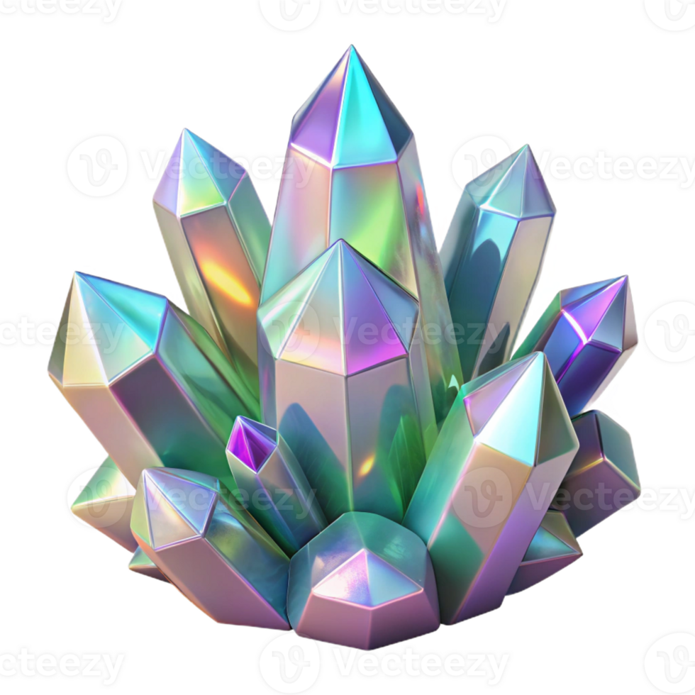 stunning rustic A cluster of iridescent crystals, in varying shapes and sizes, with a refractive surface and a sparkling, ethereal lighting, rendered in a 3D style premium png