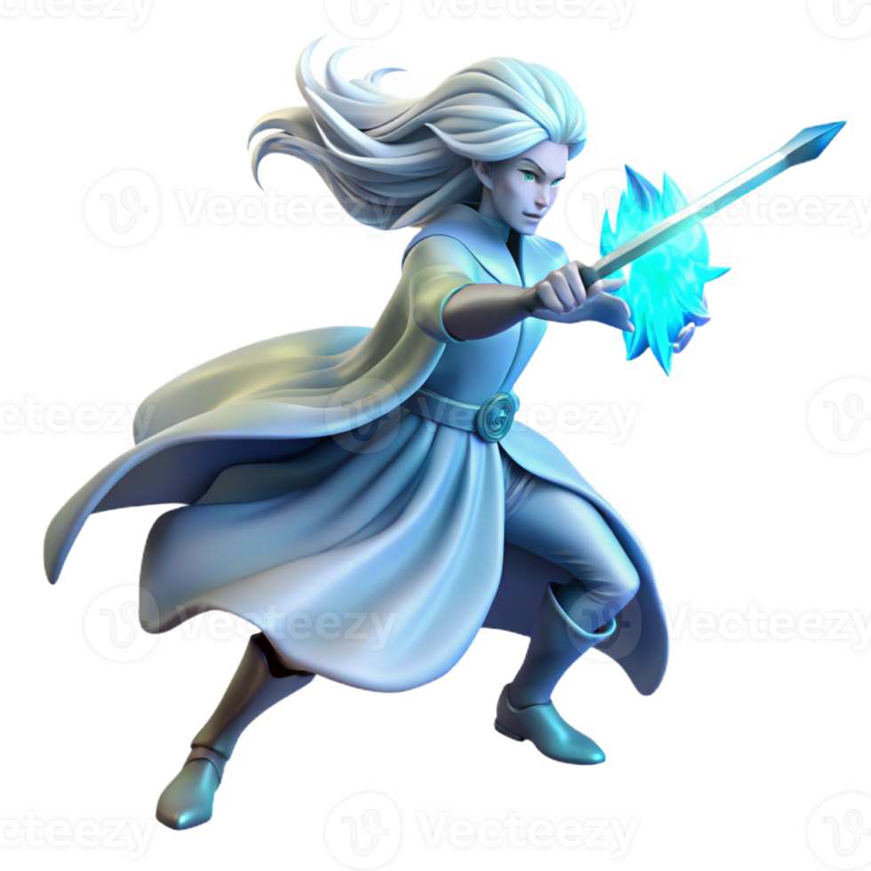 serene rustic A lone, ethereal warrior with flowing silver hair, wielding a crystal sword emitting soft blue light, in a dynamic pose, art nouveau style, dramatic chiaroscuro lighting genuine png