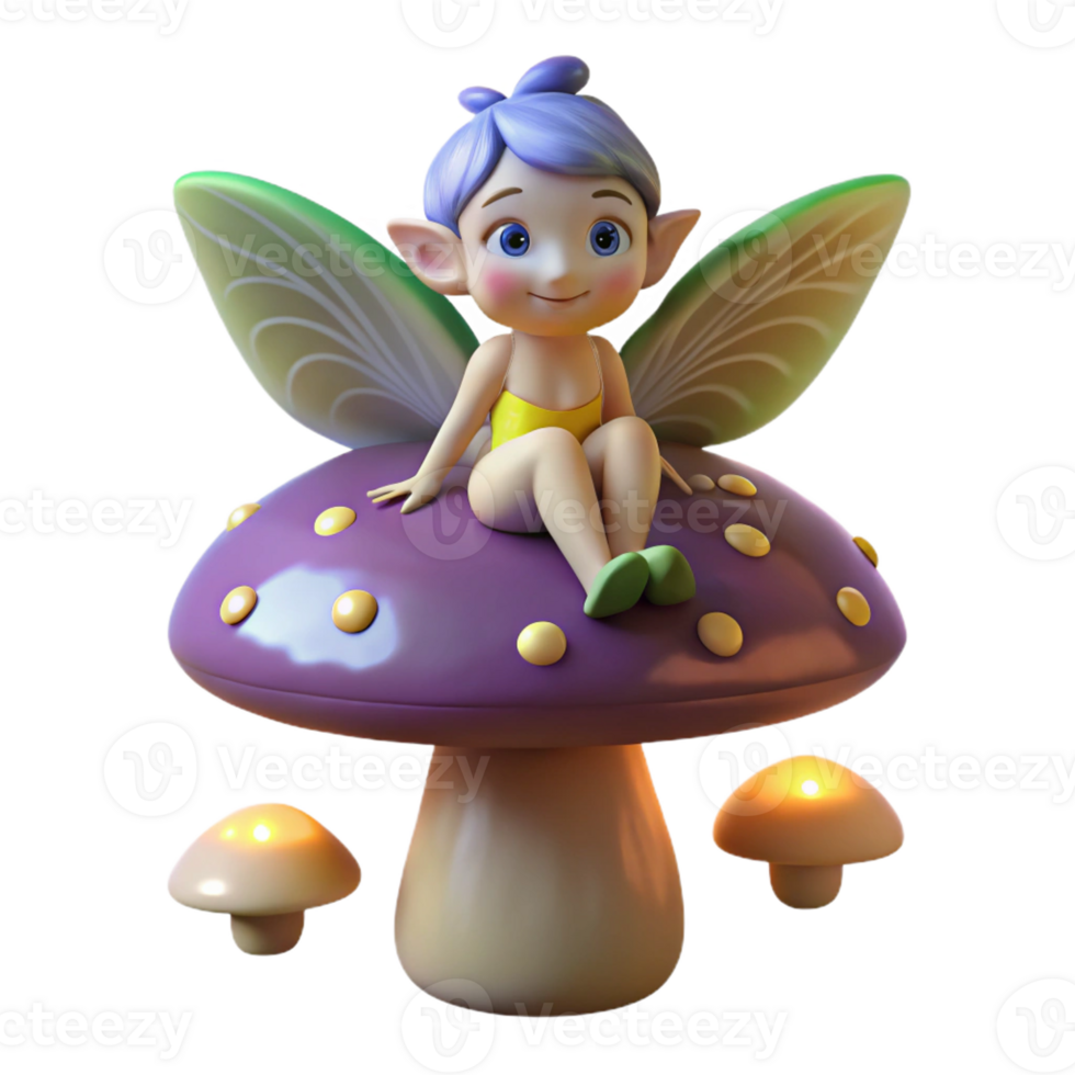 magnificent modern A mischievous pixie with iridescent wings, perched on a giant mushroom, surrounded by glowing fireflies, whimsical style, soft diffuse lighting exclusive png