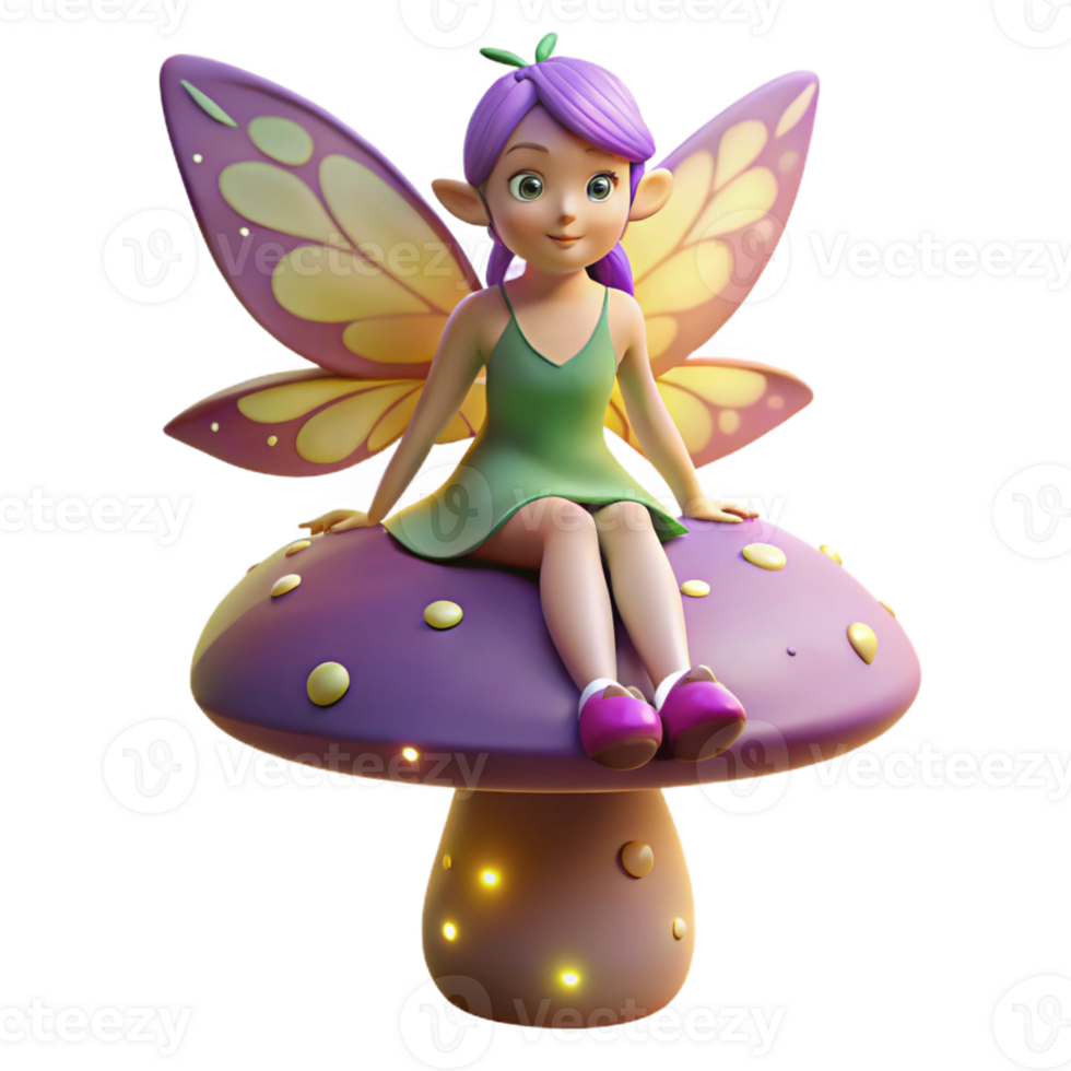 magnificent vintage A mischievous pixie with iridescent wings, perched on a giant mushroom, surrounded by glowing fireflies, whimsical style, soft diffuse lighting authentic png