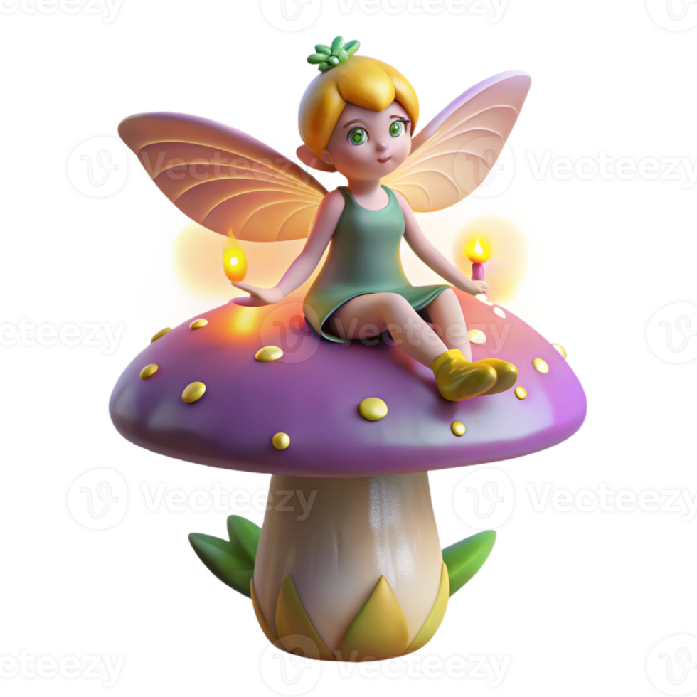 impressive contemporary A mischievous pixie with iridescent wings, perched on a giant mushroom, surrounded by glowing fireflies, whimsical style, soft diffuse lighting premium png