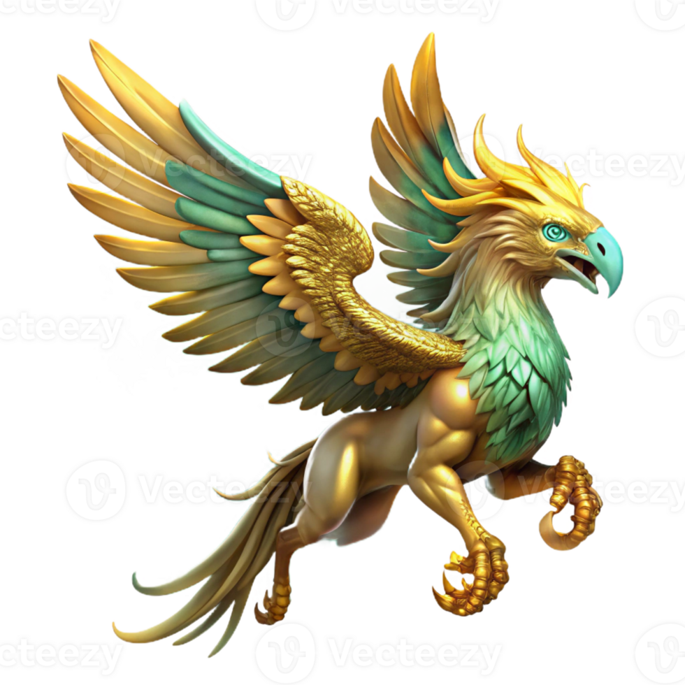 serene creative A majestic griffin with golden feathers and piercing emerald eyes, soaring through a swirling nebula, epic fantasy style, vibrant cosmic lighting high resolution png