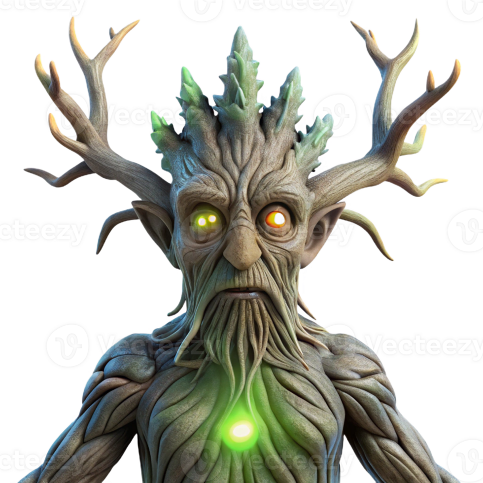 elegant abstract An ancient, gnarled tree spirit with glowing eyes and bark woven from starlight, intricate details, dark fantasy style, ethereal moonlight genuine png