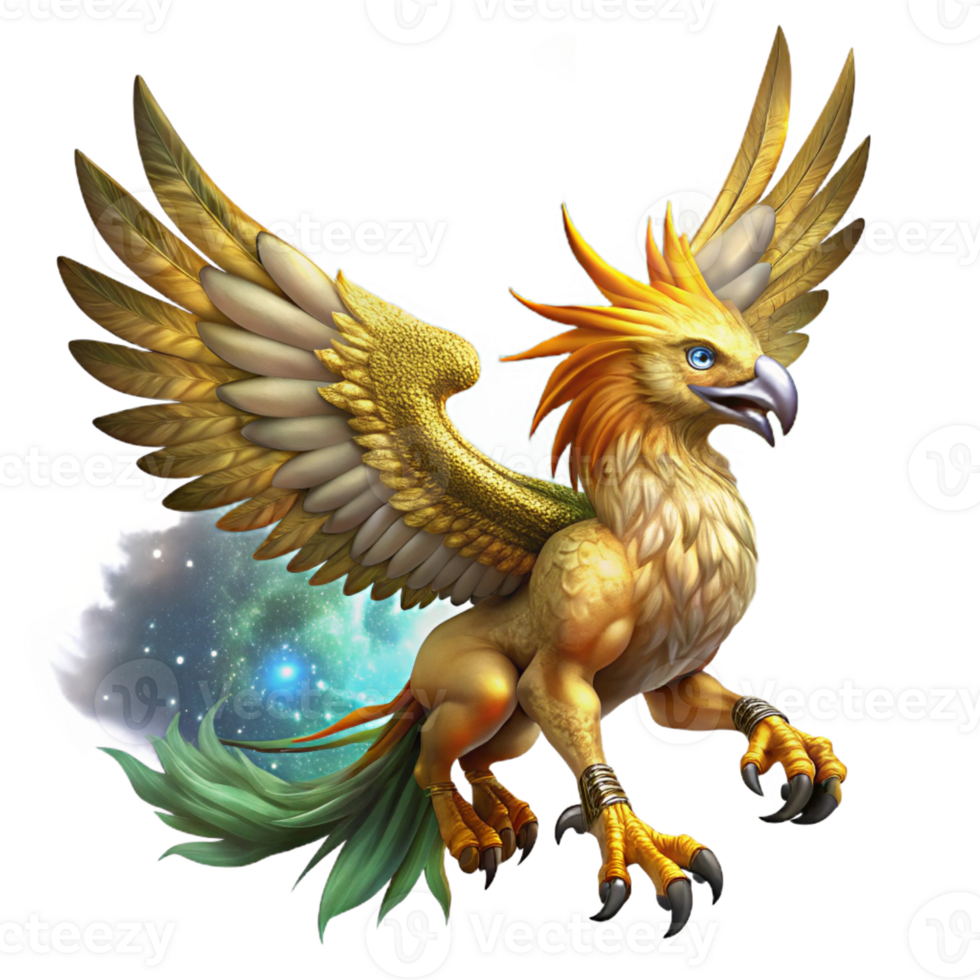 impressive traditional A majestic griffin with golden feathers and piercing emerald eyes, soaring through a swirling nebula, epic fantasy style, vibrant cosmic lighting premium png