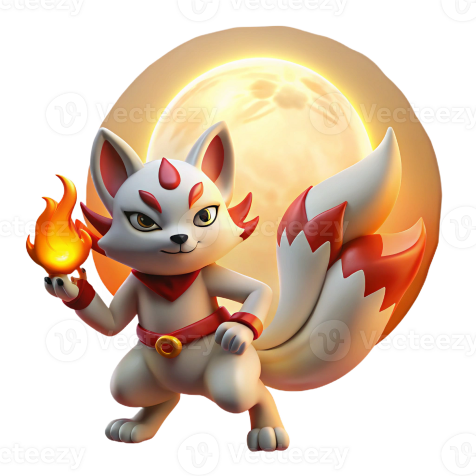 serene contemporary A mischievous Japanese kitsune, with nine flowing tails of fire, dances under a full moon, illustrated in a vibrant anime style with soft, glowing light original png