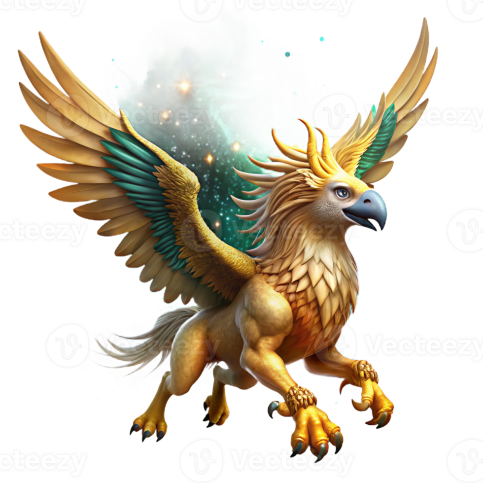 wonderful classic A majestic griffin with golden feathers and piercing emerald eyes, soaring through a swirling nebula, epic fantasy style, vibrant cosmic lighting high quality png