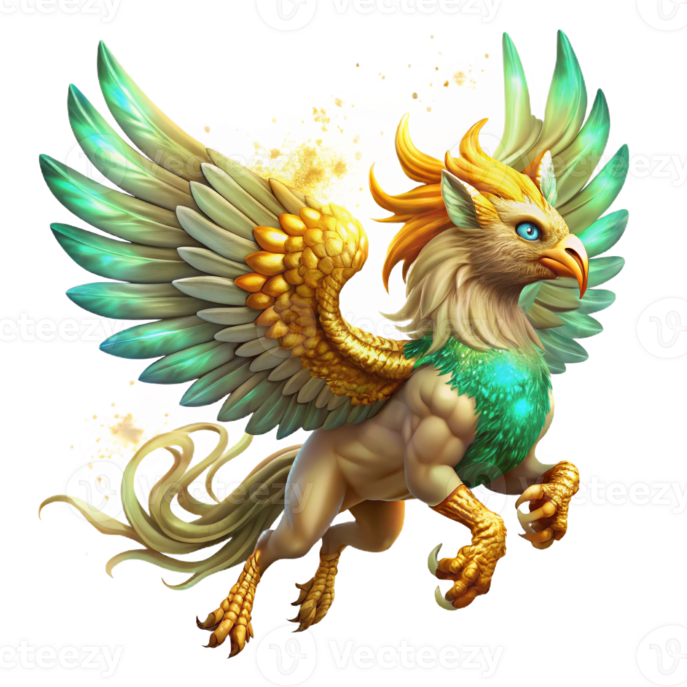 dramatic creative A majestic griffin with golden feathers and piercing emerald eyes, soaring through a swirling nebula, epic fantasy style, vibrant cosmic lighting high quality png