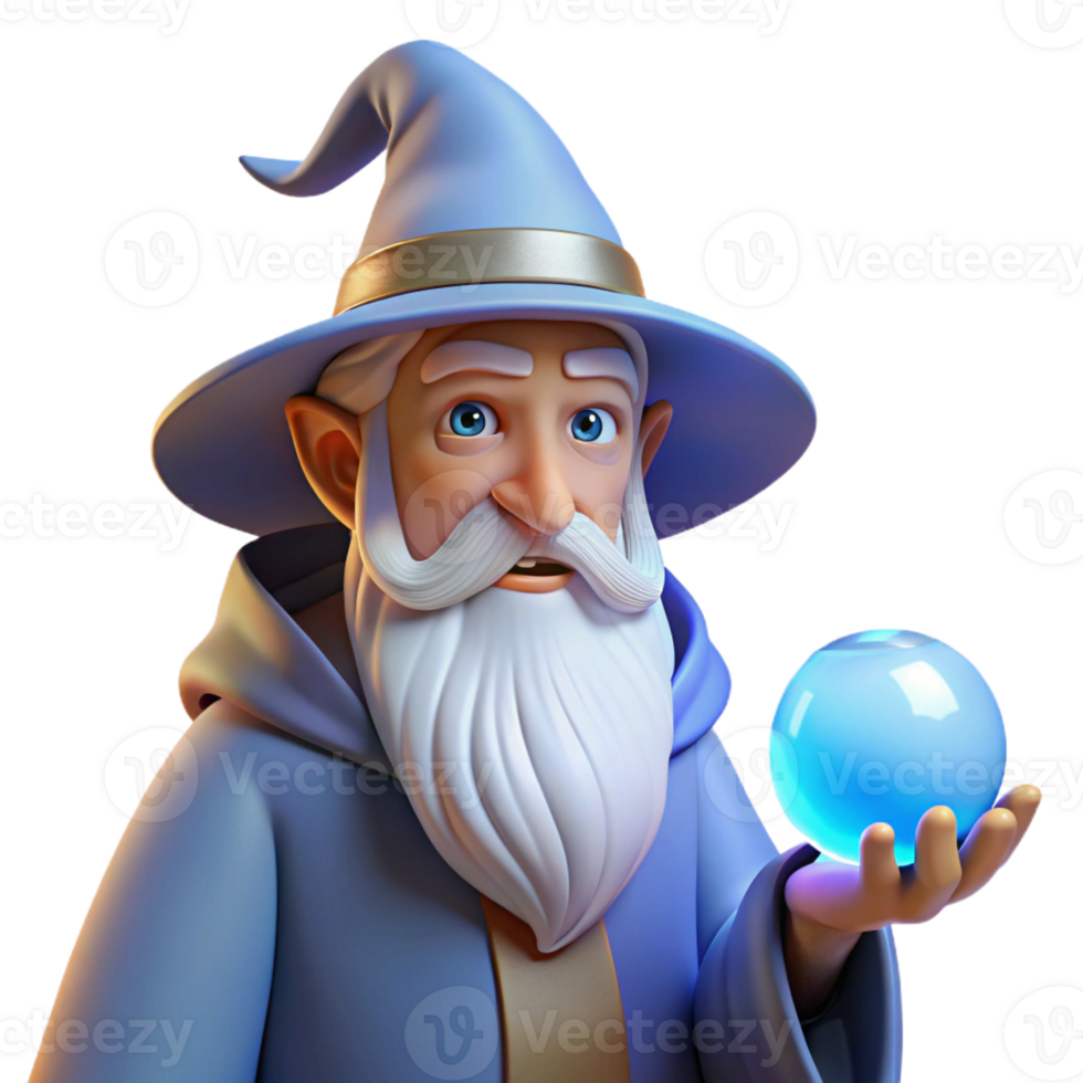 serene vintage A wise old wizard with a long white beard and twinkling blue eyes, holding a glowing orb, classical painting style, soft, ambient lighting high quality png