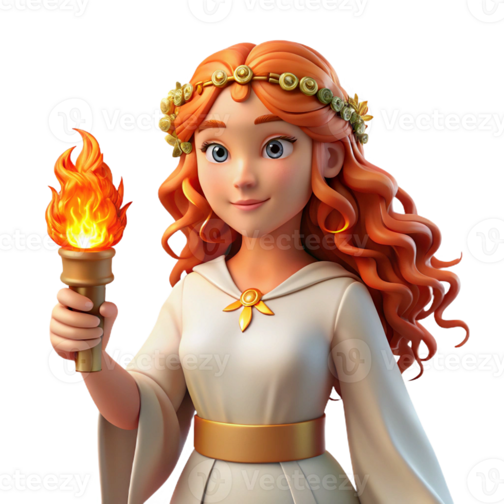 extraordinary rustic A serene Celtic goddess, Brigid, with flowing red hair adorned with wildflowers, holds a flaming torch, painted in a Pre-Raphaelite style with soft, diffused light high resolution png