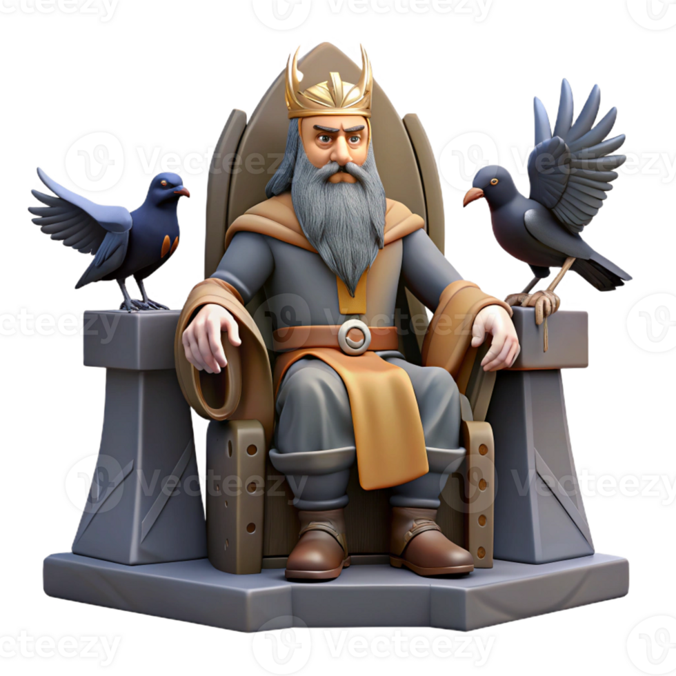 beautiful vintage A wise Norse god, Odin, with one eye, perched on his throne, two ravens flanking him, rendered in a gritty, realistic style with dim, atmospheric lighting high quality png
