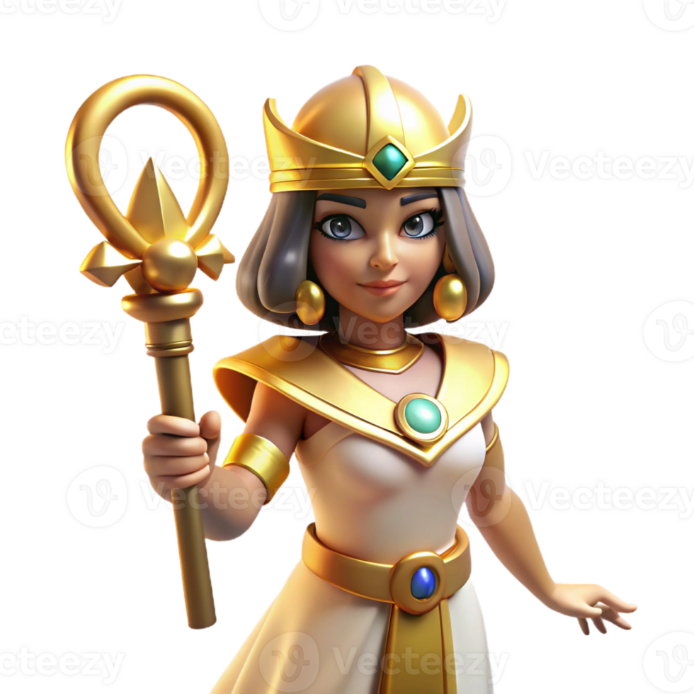serene minimalist A benevolent Egyptian goddess, Isis, with elaborate headdress and flowing robes, holding an ankh, rendered in a detailed, realistic style with warm, golden lighting original png