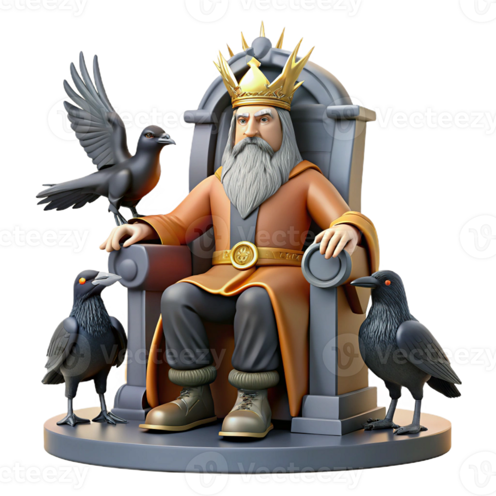 magnificent modern A wise Norse god, Odin, with one eye, perched on his throne, two ravens flanking him, rendered in a gritty, realistic style with dim, atmospheric lighting high resolution png
