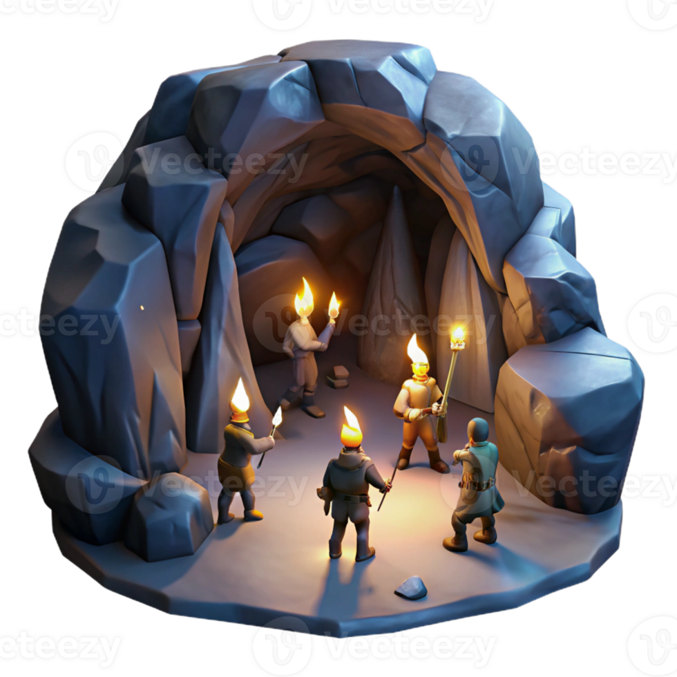 dramatic traditional A group of brave adventurers exploring a dark, mysterious cave, lit by flickering torches, adventure art style, dramatic chiaroscuro lighting high resolution png
