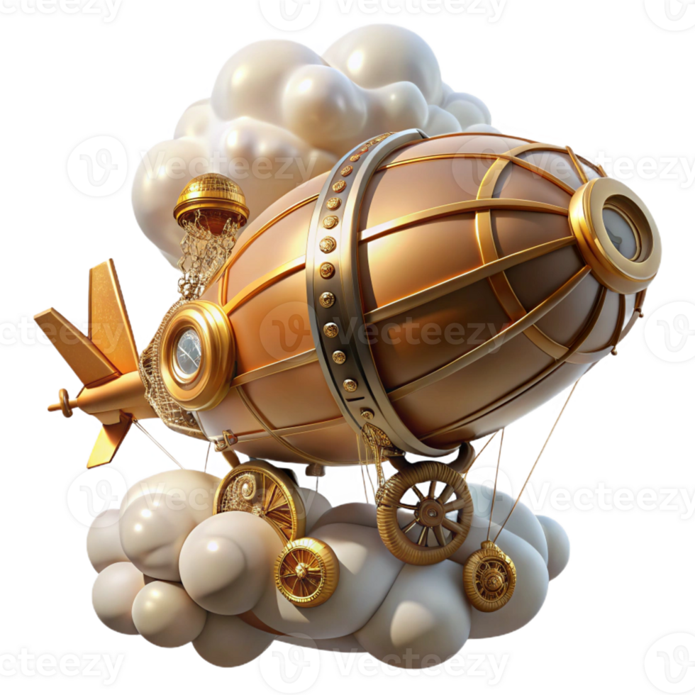 vibrant modern A whimsical, steampunk airship with intricate gears and glowing propellers, floating amidst swirling clouds, steampunk art style, warm, golden lighting high resolution png