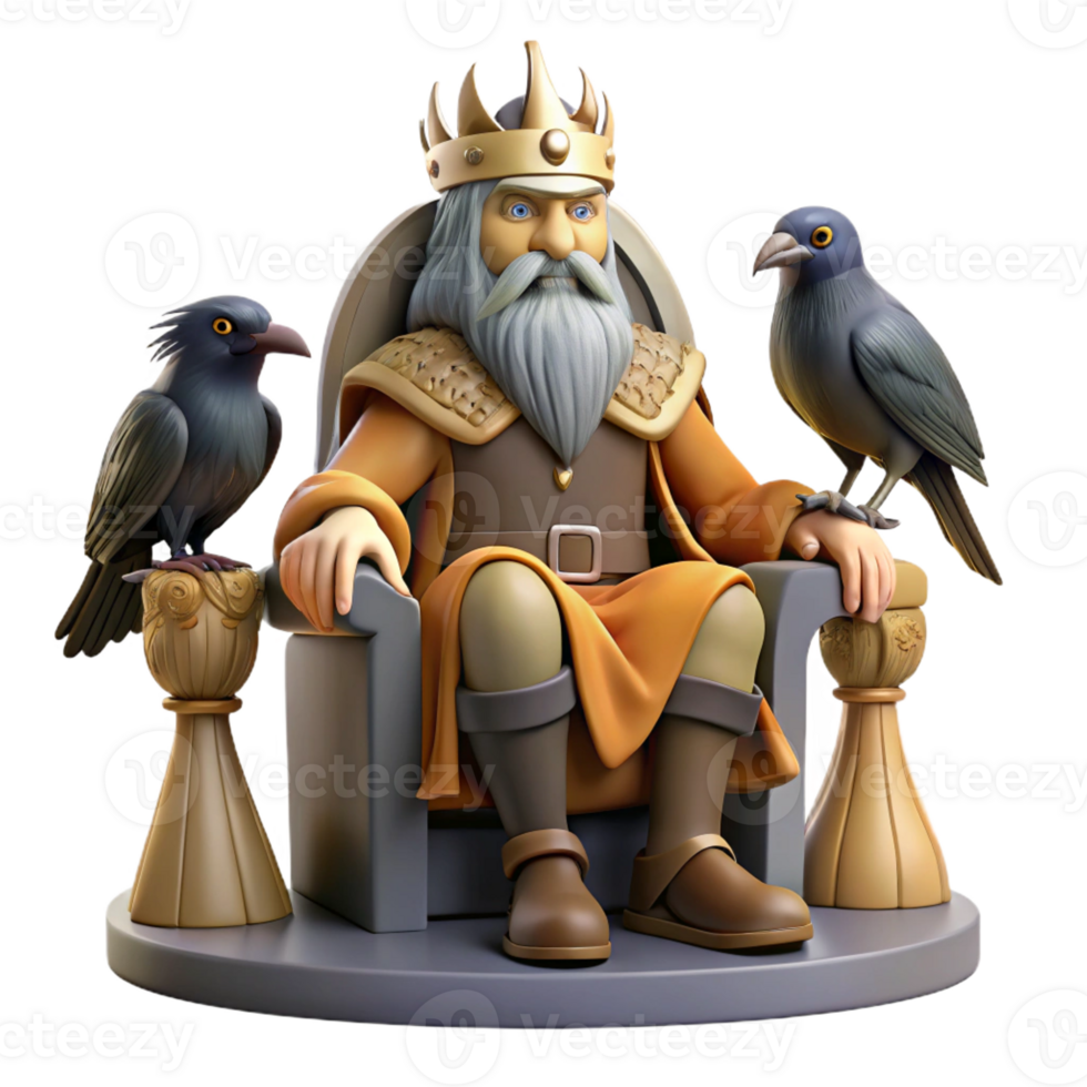 elegant traditional A wise Norse god, Odin, with one eye, perched on his throne, two ravens flanking him, rendered in a gritty, realistic style with dim, atmospheric lighting exclusive png