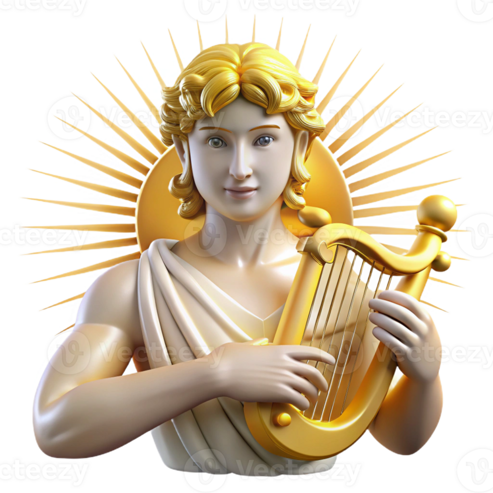 serene traditional The Greek god Apollo, playing a golden lyre, surrounded by radiant sunlight, depicted in a classical sculptural style with smooth, polished textures authentic png