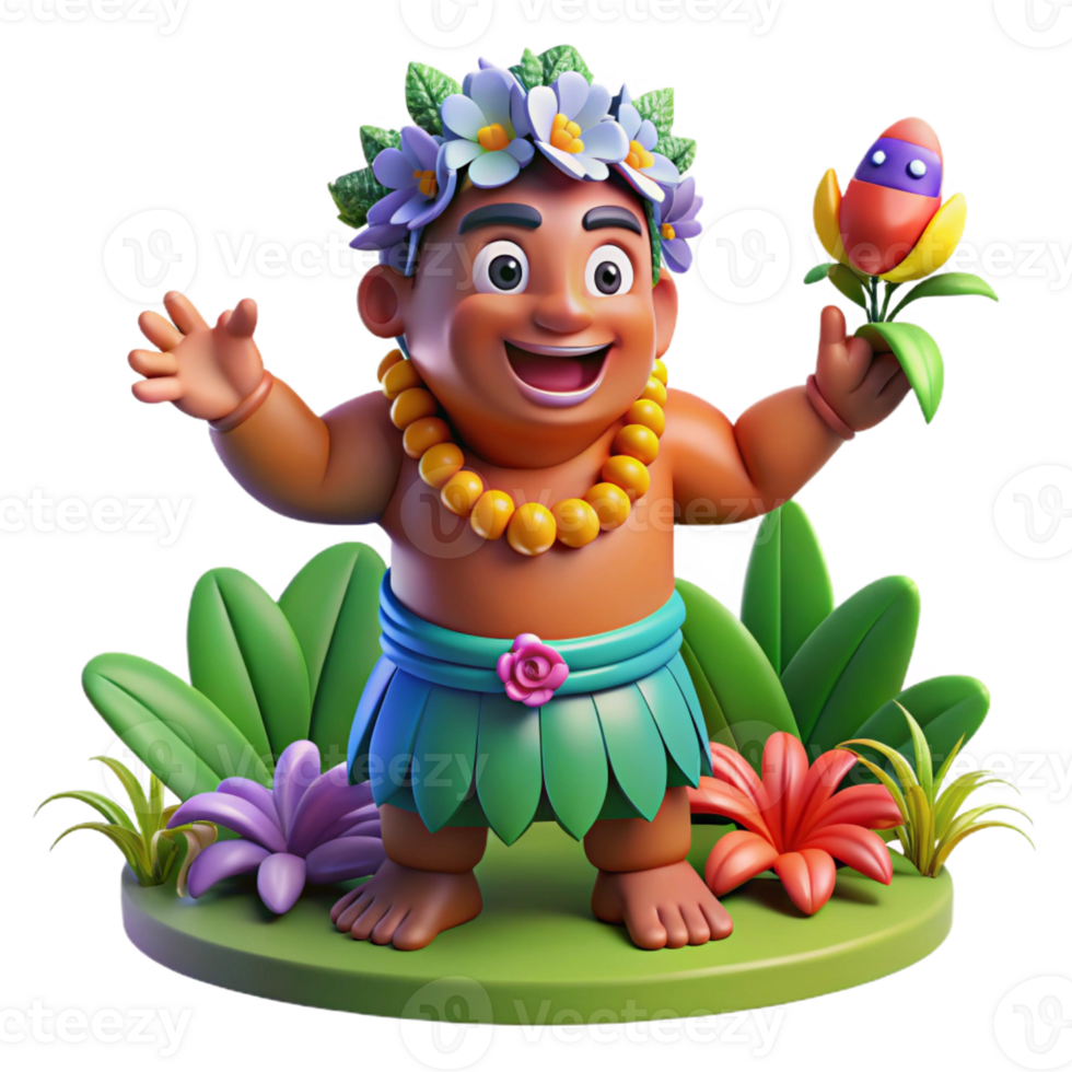 stunning rustic A playful Polynesian trickster god, Maui, shapeshifting into a bird, surrounded by tropical flowers, illustrated in a cartoonish style with bright, cheerful colors 4K png