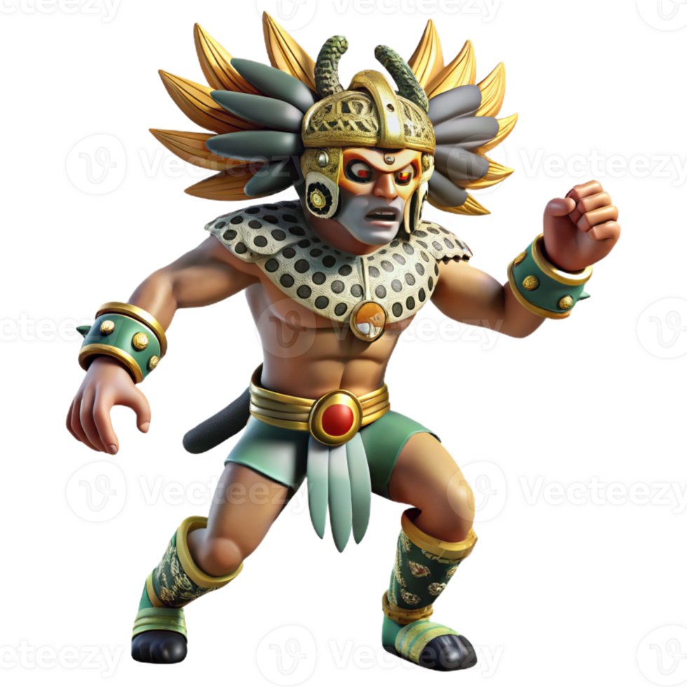 magnificent artistic A fierce Aztec warrior, adorned with jaguar skin and feathers, performing a ritual dance, depicted in a graphic novel style with stark, contrasting colors genuine png