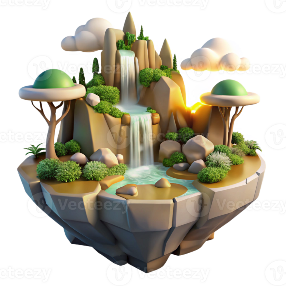 beautiful rustic A serene, floating island with cascading waterfalls and lush vegetation, utopian fantasy art style, soft, golden sunlight authentic png