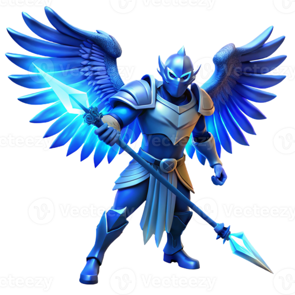 wonderful abstract A fierce, winged warrior with glowing blue armor, brandishing a lightning-charged spear, epic fantasy art style, dramatic lightning authentic png