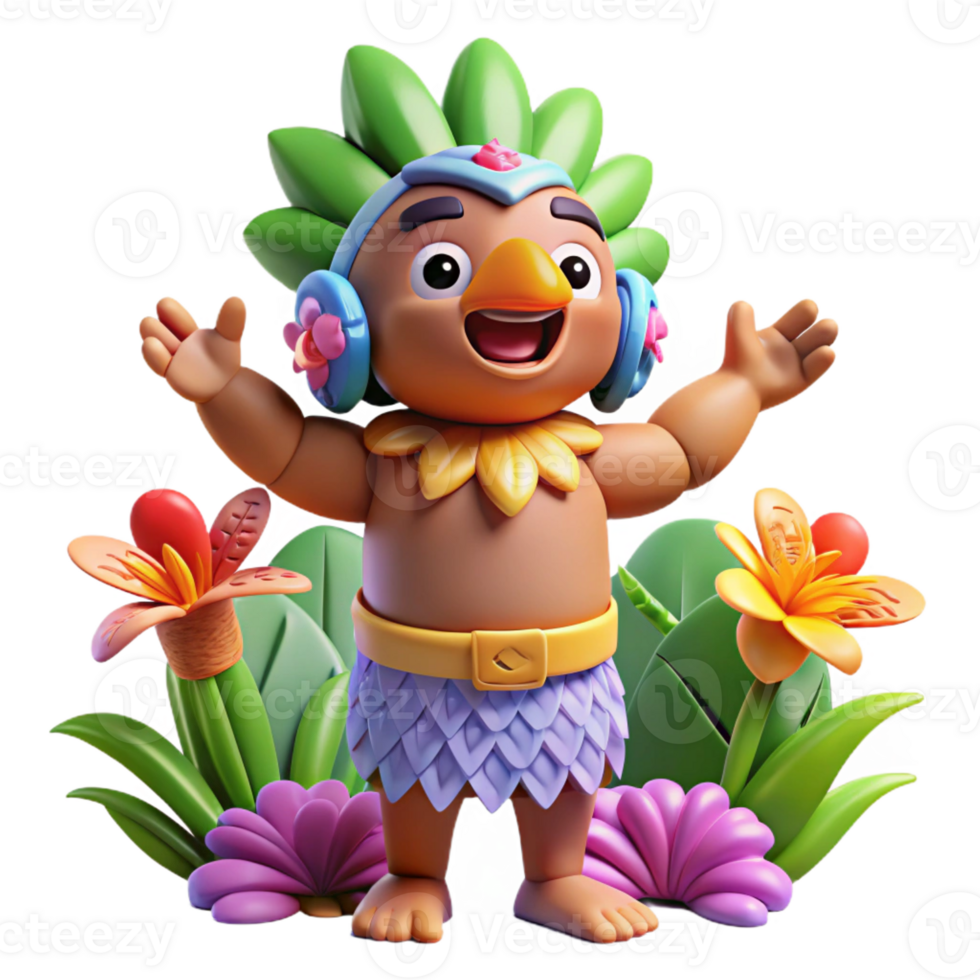 magnificent rustic A playful Polynesian trickster god, Maui, shapeshifting into a bird, surrounded by tropical flowers, illustrated in a cartoonish style with bright, cheerful colors genuine png