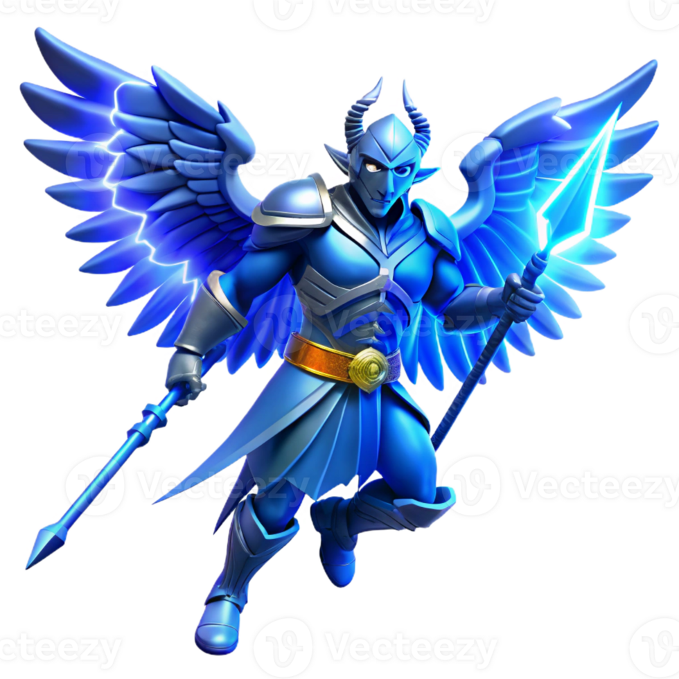 vibrant artistic A fierce, winged warrior with glowing blue armor, brandishing a lightning-charged spear, epic fantasy art style, dramatic lightning original png