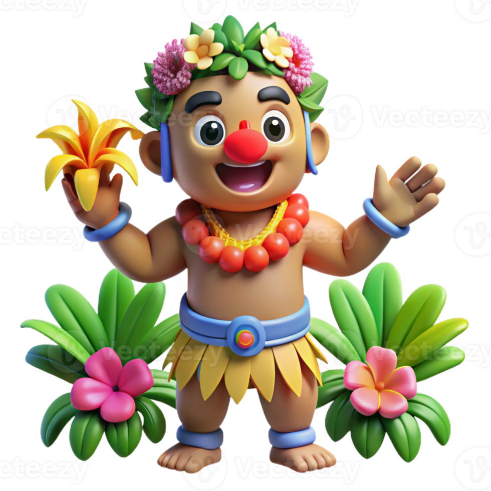 impressive traditional A playful Polynesian trickster god, Maui, shapeshifting into a bird, surrounded by tropical flowers, illustrated in a cartoonish style with bright, cheerful colors professional png