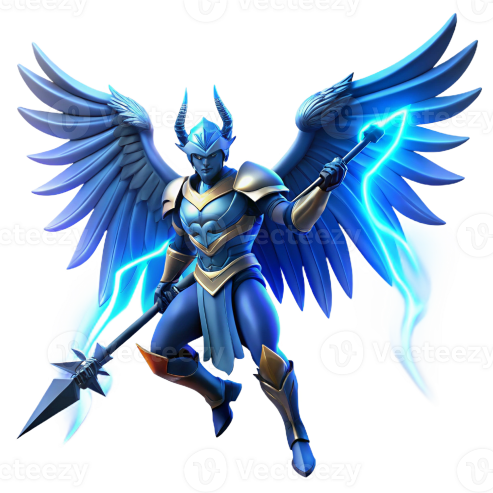 vibrant classic A fierce, winged warrior with glowing blue armor, brandishing a lightning-charged spear, epic fantasy art style, dramatic lightning exclusive png