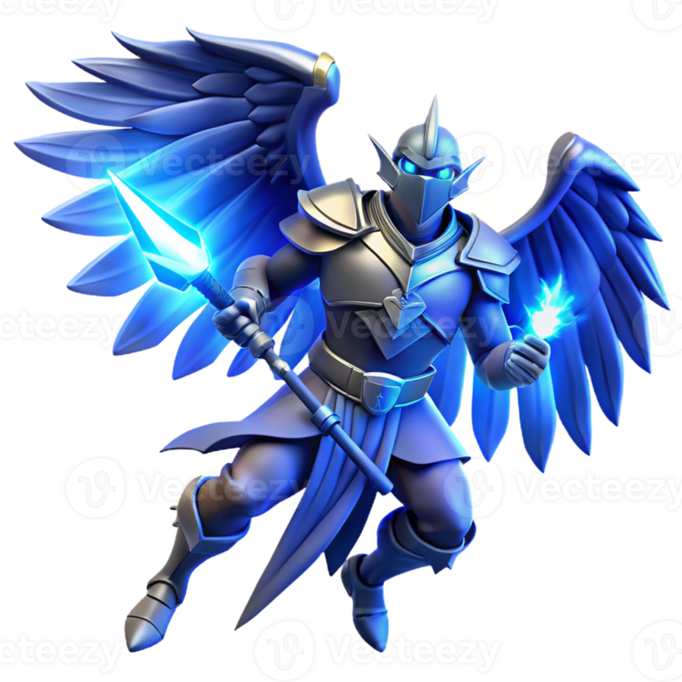 beautiful creative A fierce, winged warrior with glowing blue armor, brandishing a lightning-charged spear, epic fantasy art style, dramatic lightning high quality png