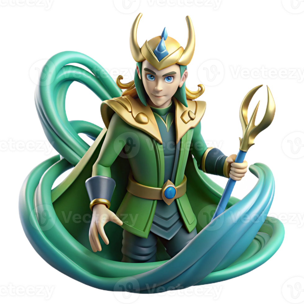 elegant creative A cunning Norse trickster god, Loki, shapeshifting into a salmon, surrounded by swirling water, illustrated in a comic book style with dynamic lines and vibrant colors professional png
