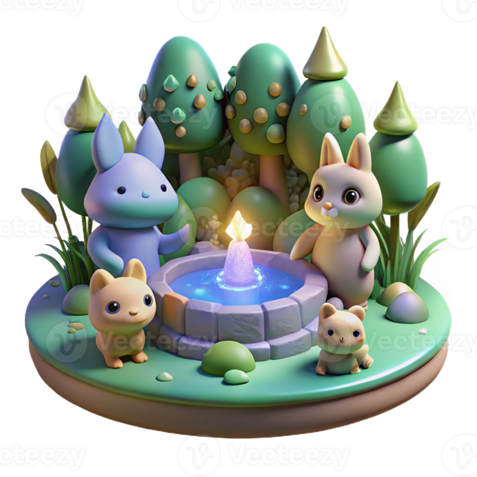 serene minimalist A group of friendly forest creatures gathered around a mystical spring, fairytale art style, soft, magical lighting high quality png