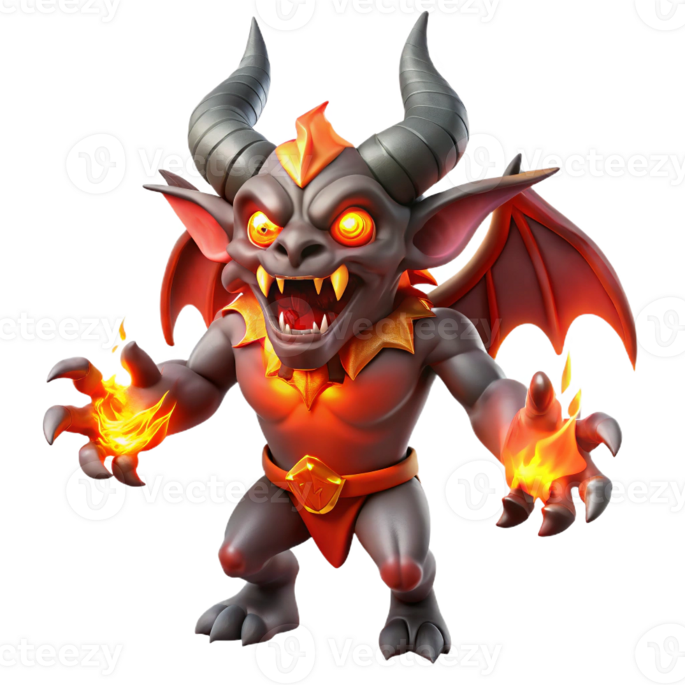 vibrant abstract A powerful, horned demon with glowing red eyes and leathery wings, unleashing a torrent of flames, demonic fantasy art style, fiery lighting high resolution png