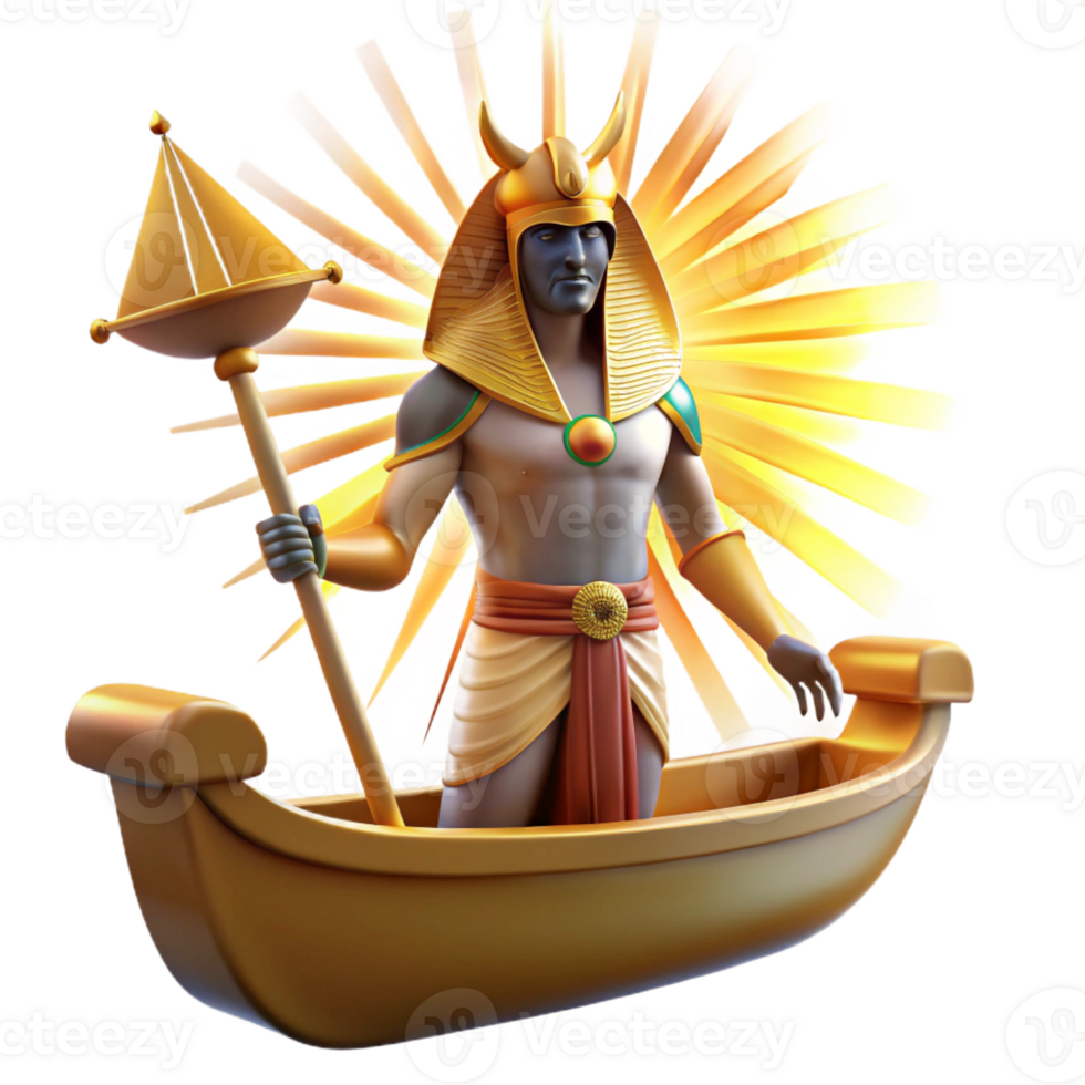 serene creative A radiant Egyptian sun god, Ra, sailing across the sky in his solar barque, surrounded by golden rays, rendered in a hieroglyphic style with bold, flat colors detailed png