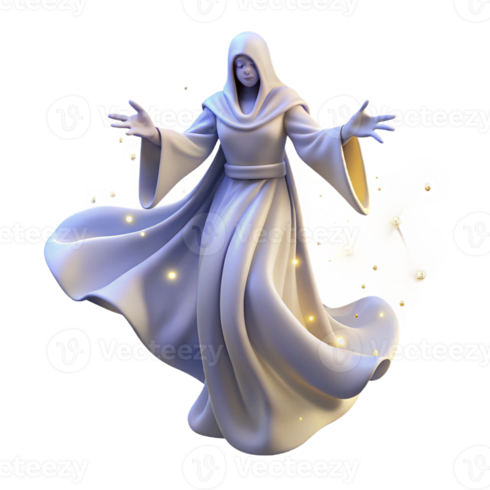 wonderful artistic A graceful, ethereal spirit with flowing white robes and glowing aura, floating amidst a starry sky, celestial fantasy art style, ethereal starlight high resolution png