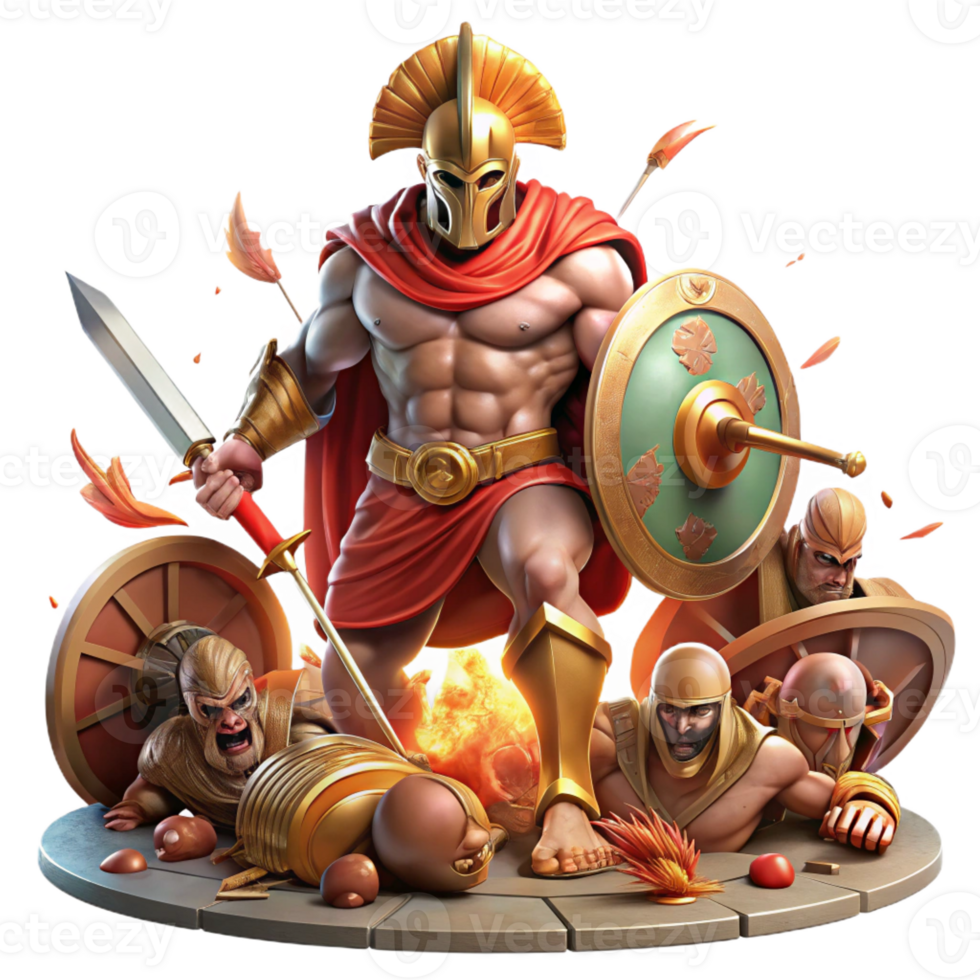 impressive creative A fierce Greek god of war, Ares, wielding a bloody sword and shield, surrounded by fallen warriors, depicted in a baroque style with dynamic composition and dramatic lighting 4K png