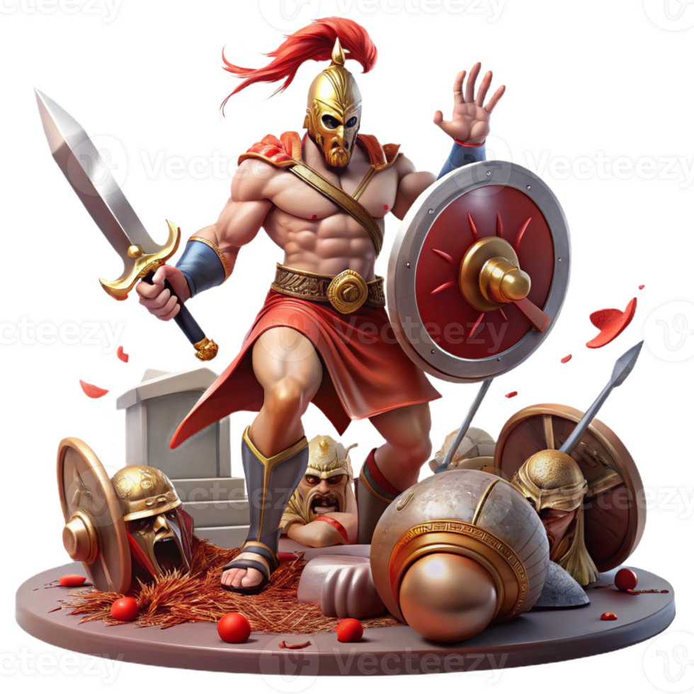 stunning abstract A fierce Greek god of war, Ares, wielding a bloody sword and shield, surrounded by fallen warriors, depicted in a baroque style with dynamic composition and dramatic lighting genuine png