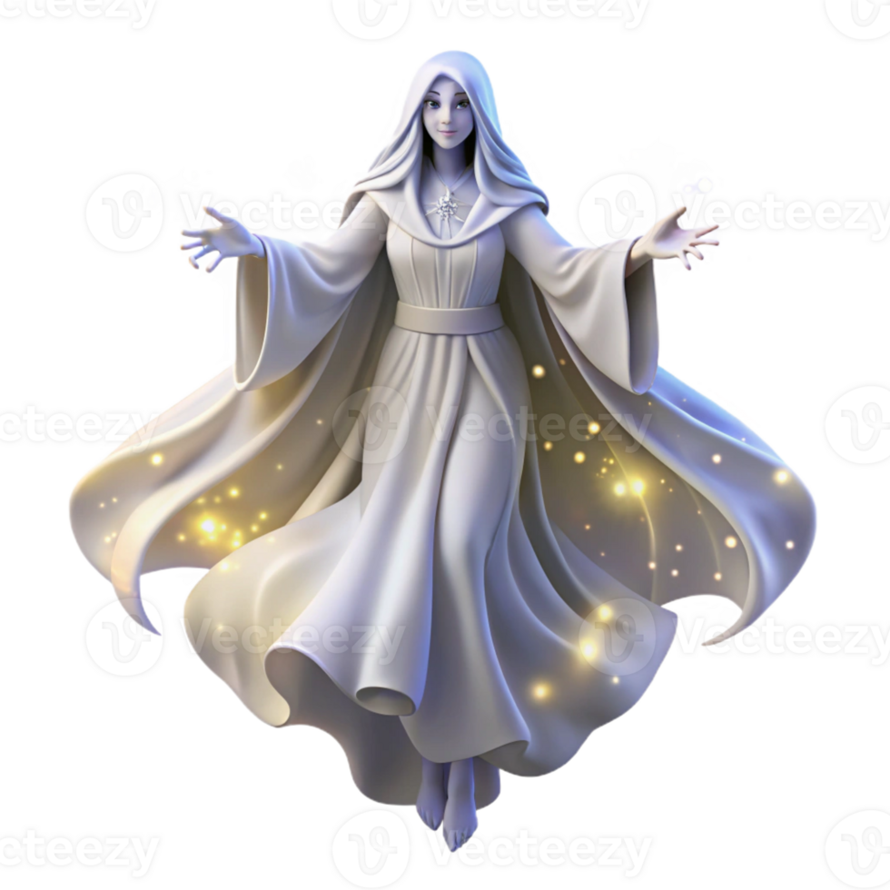 vibrant classic A graceful, ethereal spirit with flowing white robes and glowing aura, floating amidst a starry sky, celestial fantasy art style, ethereal starlight premium png