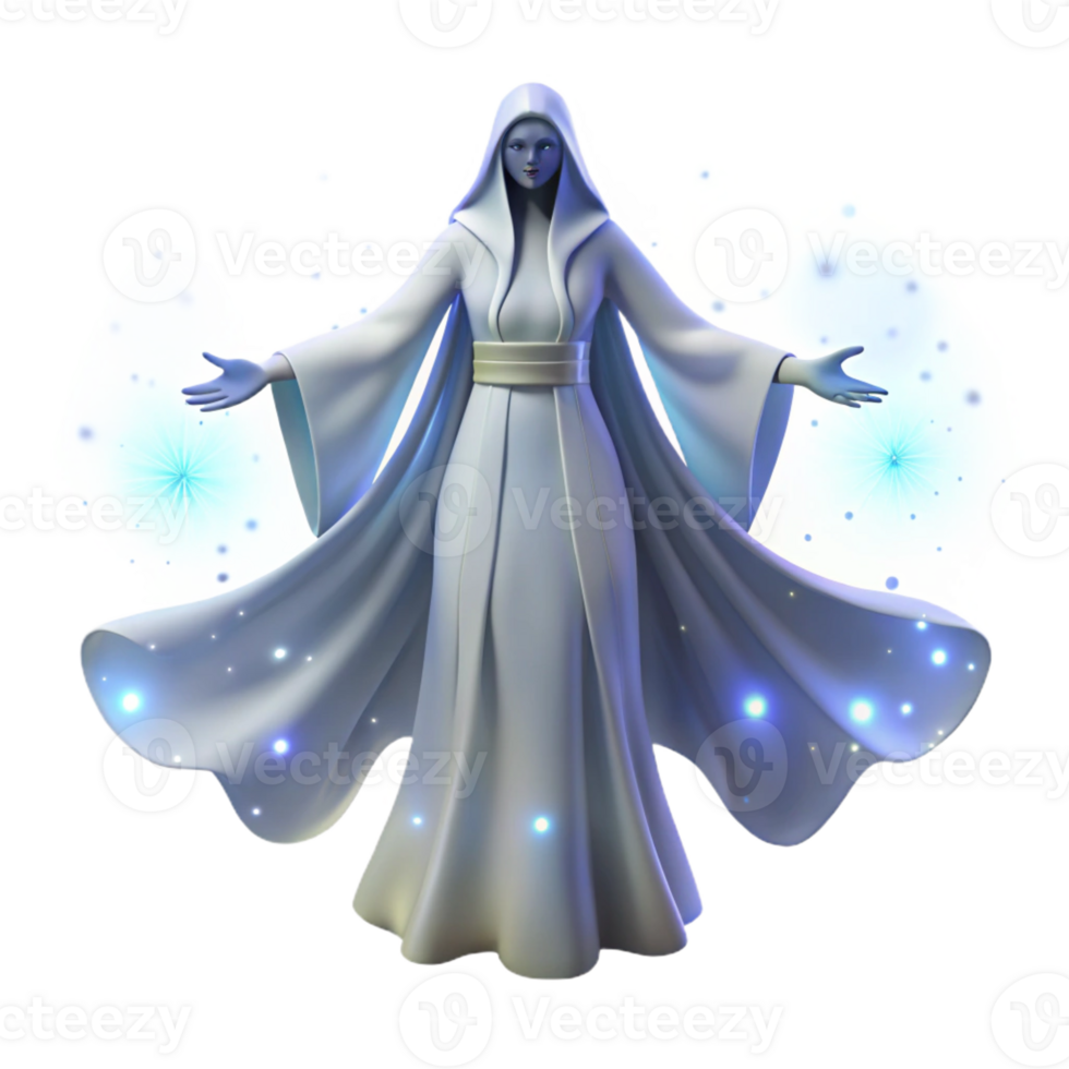 wonderful rustic A graceful, ethereal spirit with flowing white robes and glowing aura, floating amidst a starry sky, celestial fantasy art style, ethereal starlight high quality png