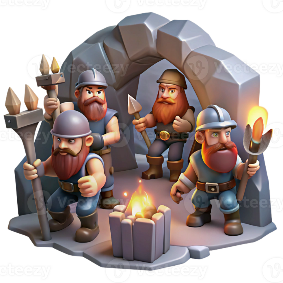 stunning rustic A group of brave dwarves mining for gems in a dimly lit cavern, dwarven fantasy art style, flickering torchlight 4K png