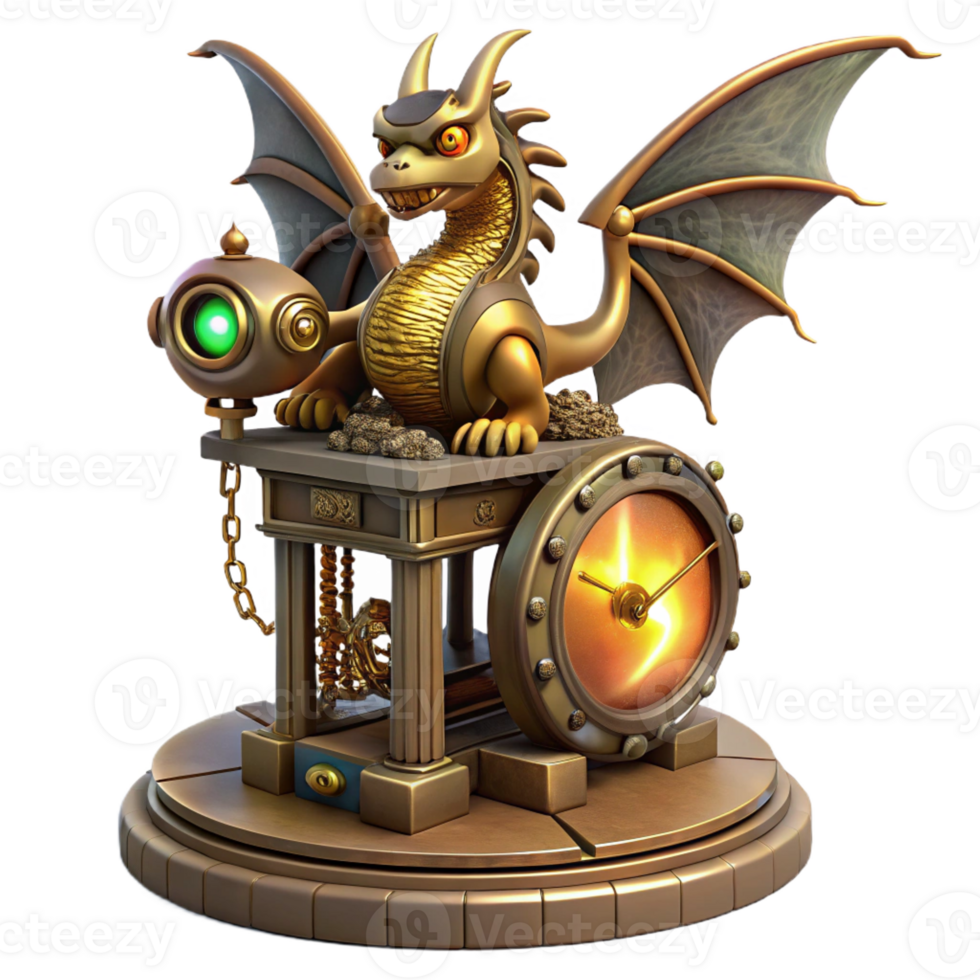 vibrant abstract A whimsical, clockwork dragon with intricate gears and glowing eyes, perched atop a giant clock tower, steampunk fantasy art style, warm, golden lighting professional png