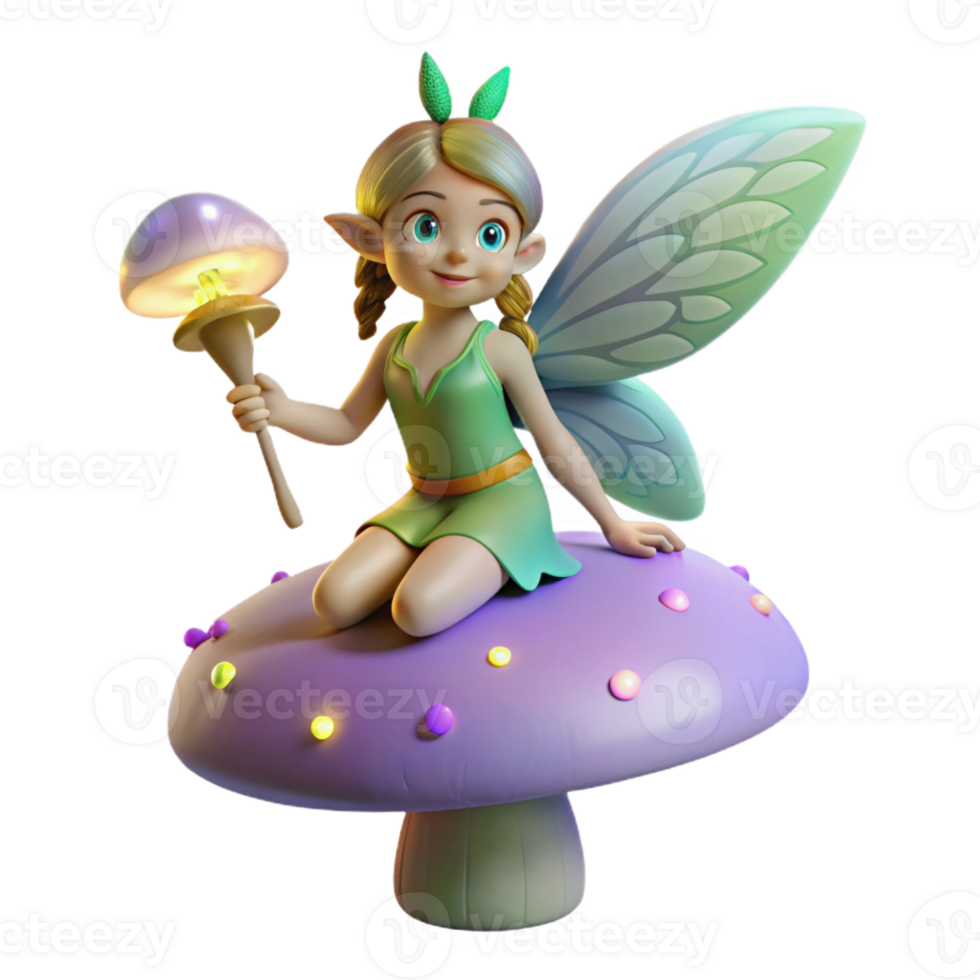 vibrant creative A mischievous pixie with iridescent wings, perched on a giant, glowing mushroom, holding a tiny, sparkling wand, lit by bioluminescent flora. Whimsical, cartoon style 4K png