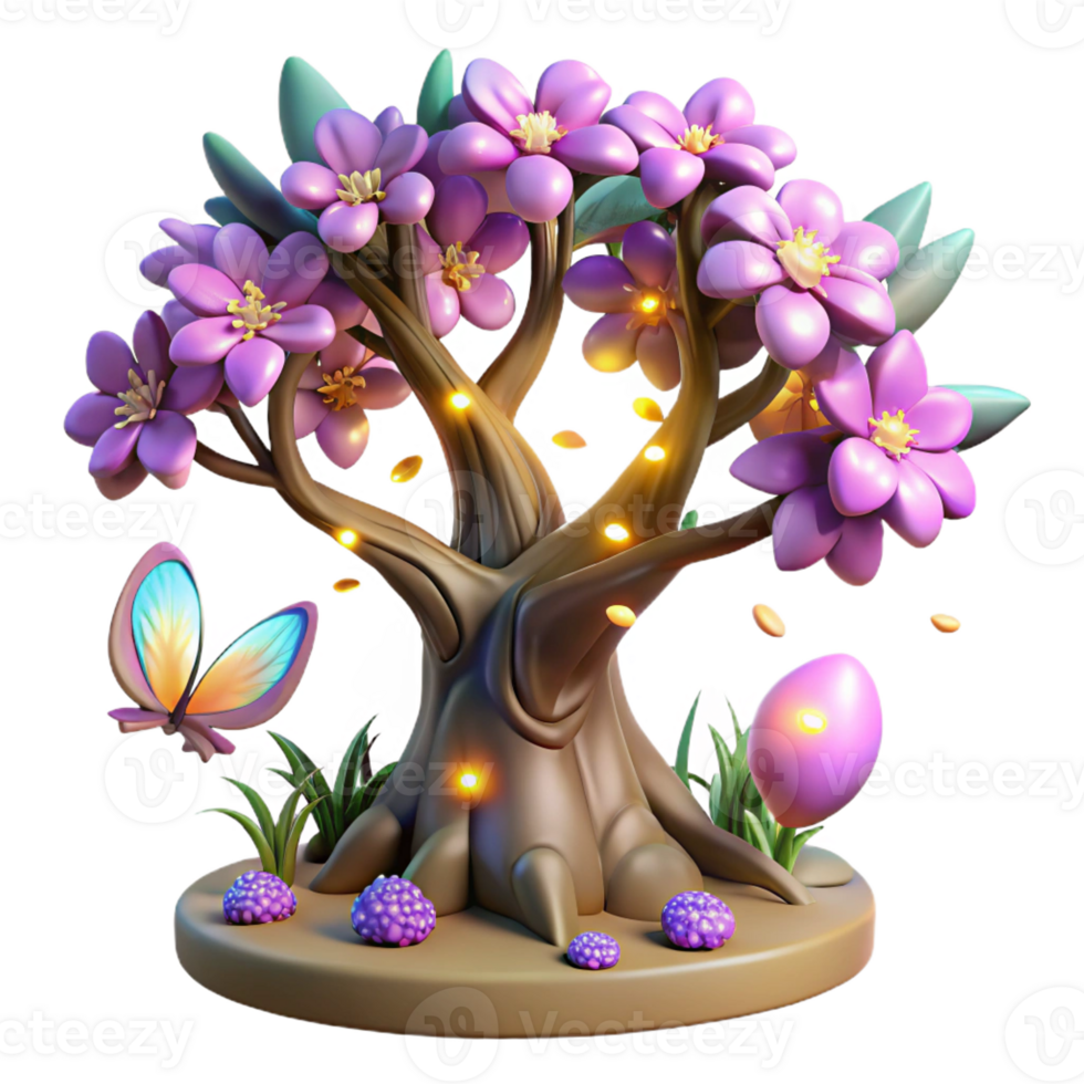 vibrant creative A whimsical, living tree with glowing blossoms and butterfly wings, rooted in a field of wildflowers, fairytale art style, vibrant, magical lighting original png