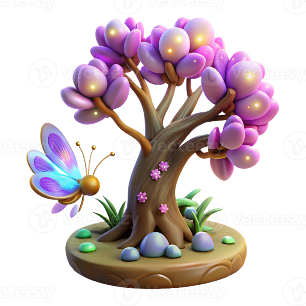 magnificent artistic A whimsical, living tree with glowing blossoms and butterfly wings, rooted in a field of wildflowers, fairytale art style, vibrant, magical lighting exclusive png