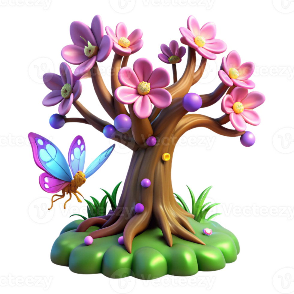 vibrant classic A whimsical, living tree with glowing blossoms and butterfly wings, rooted in a field of wildflowers, fairytale art style, vibrant, magical lighting premium png