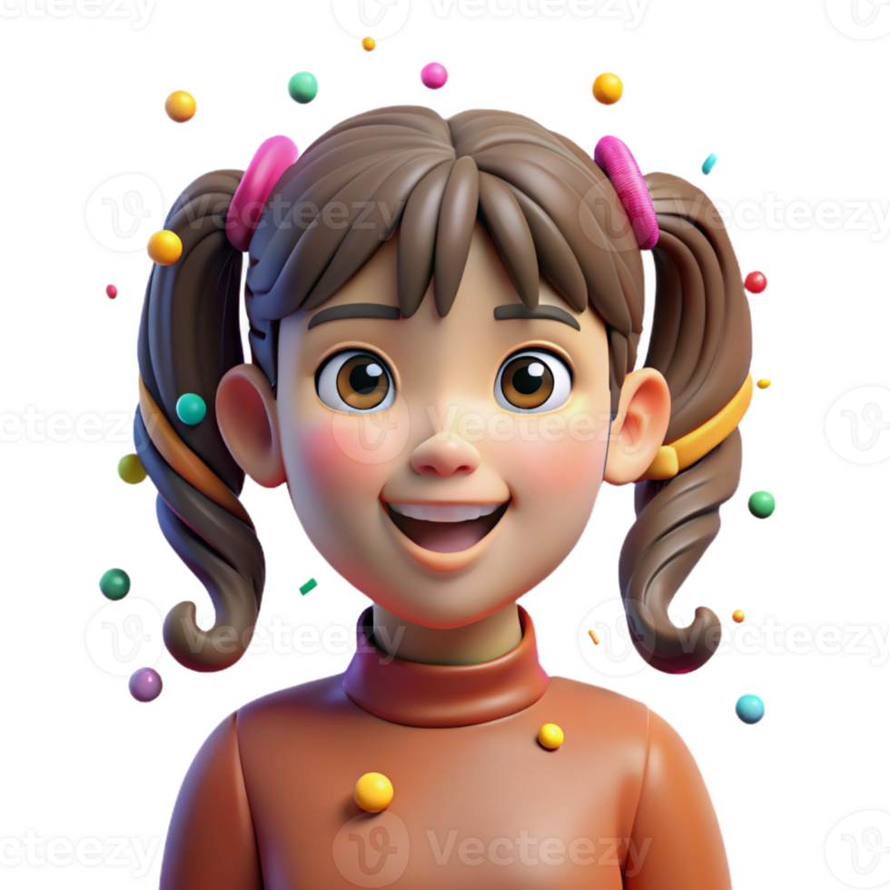 stunning abstract Portrait of a young girl with pigtails and a playful expression, lit by bright, colorful confetti, in a whimsical, childlike style authentic png