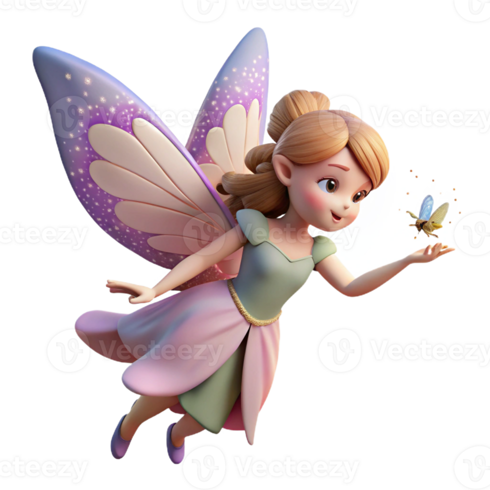 elegant contemporary A graceful fairy with delicate butterfly wings, sprinkling magical dust over a sleeping forest creature. Whimsical, children's book illustration style authentic png