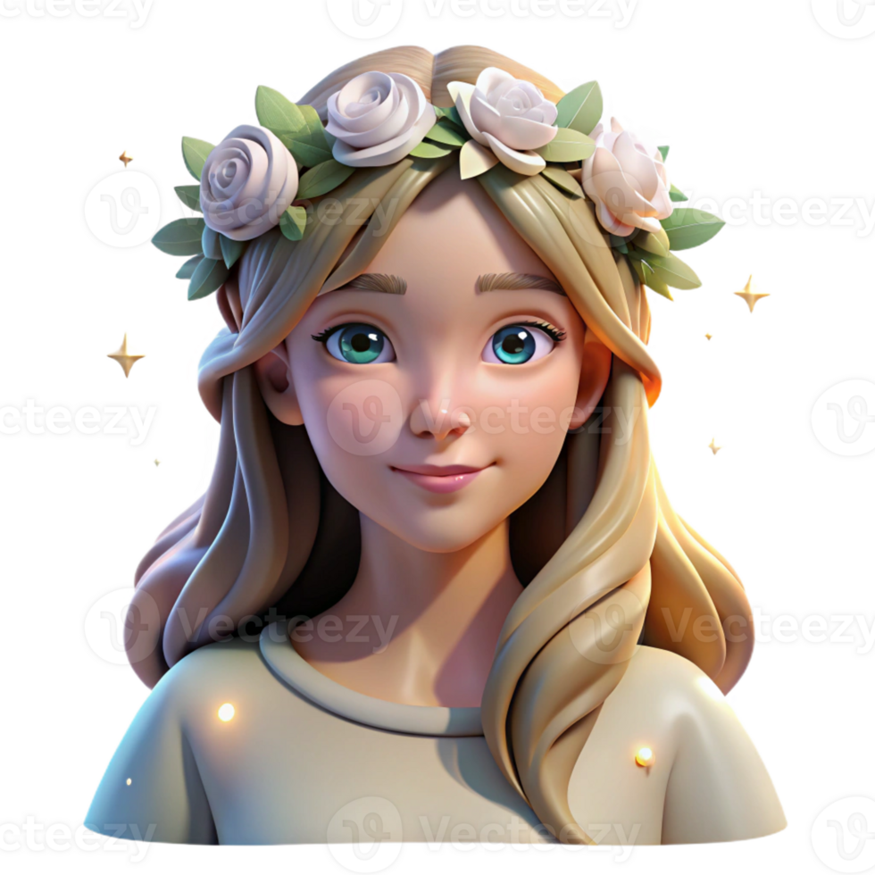 vibrant abstract Portrait of a woman with long, flowing hair and a delicate floral crown, lit by a soft, romantic light, in a dreamy, ethereal style high quality png